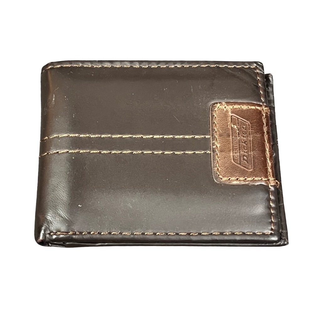 Dickies Mens Brown Genuine Leather Bifold Wallet YWGC Contrast Stitch Logo Patch